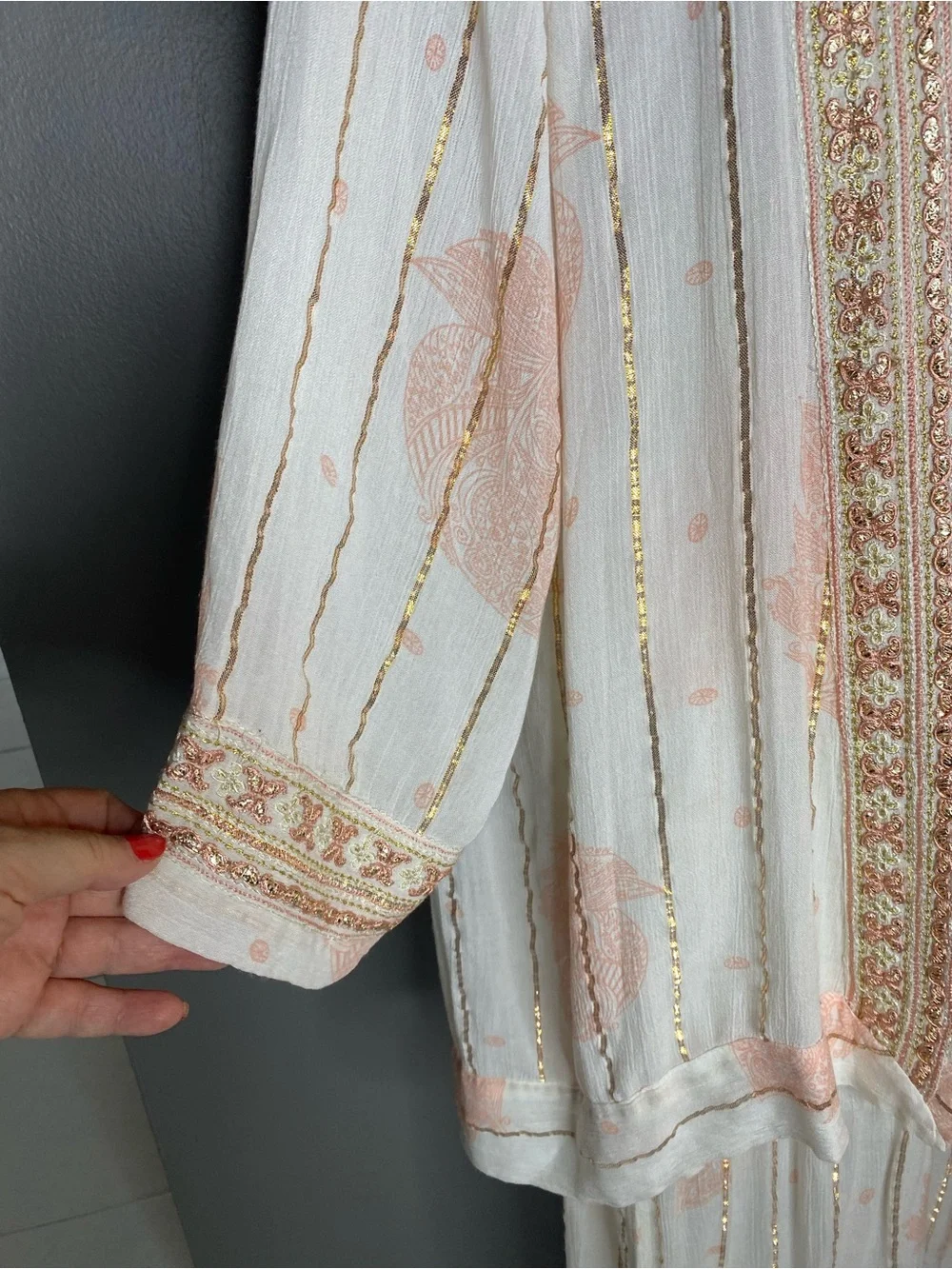 NWOT! ZURY Cream & Peach Embroidered Bohemian Kimono & Wide-Leg Pants Set - OS